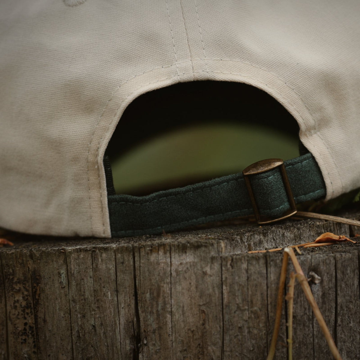 Back of the cream Canvas Cap showing the adjustable strap and brass-tone metal clasp, resting on a tree stump.