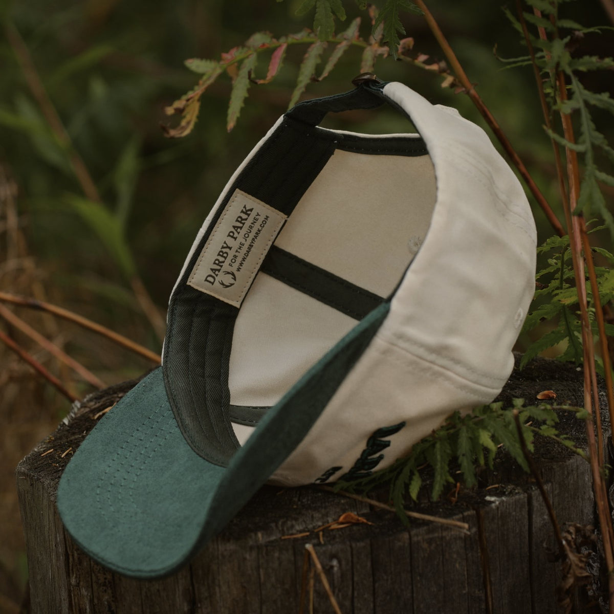 Inside the Canvas Cap, showing the Darby Park woven label, resting among ferns.